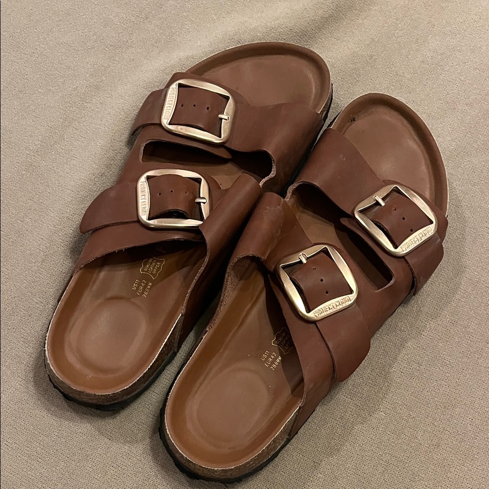 Leather Double-Buckle Brown Sandals - Unbranded